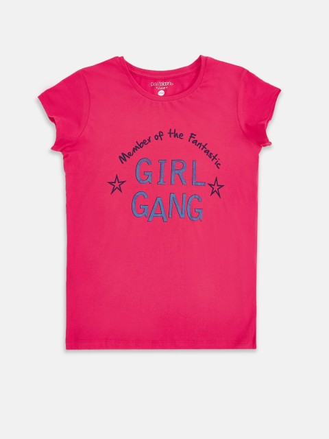 

Pantaloons Junior Girls Fuchsia Typography Printed Pure Cotton T-shirt