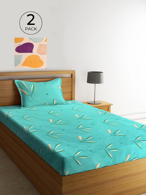 

KLOTTHE Set Of 2 Sea Green & Beige Floral 210 TC Single Bedsheet With 2 Pillow Covers