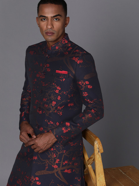 

Manyavar Men Navy Blue & Beige Floral Printed Sherwani and Churidar