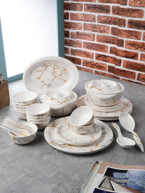 

Servewell Pack Of 37 White & Gold-Toned Printed Melamine Round Dinner Set
