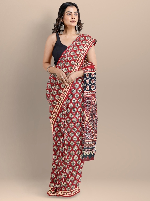 

BharatSthali Women Red Pure Cotton Printed Handloom Saree