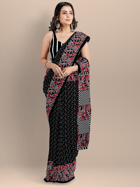 

BharatSthali Women Black & White Pure Cotton Printed Handloom Saree
