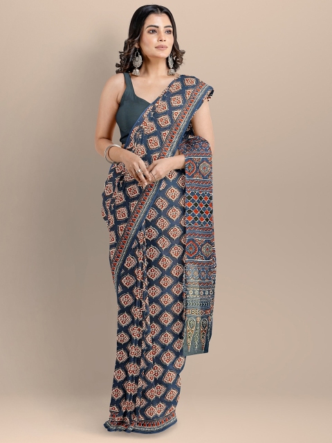 

BharatSthali Women Blue Pure Cotton Printed Handloom Saree