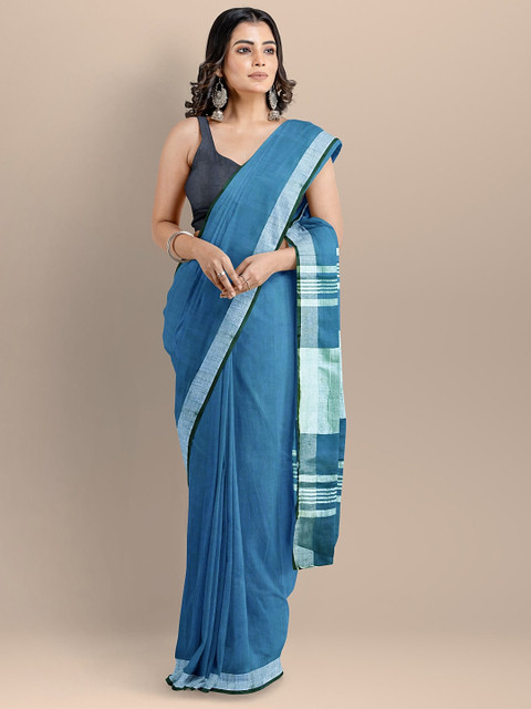

BharatSthali Blue & Silver-Toned Pure Cotton Solid Maheshwari Handloom Saree