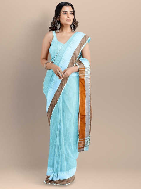 

BharatSthali Women Blue & Brown Silk Cotton Solid Maheshwari Handloom Saree