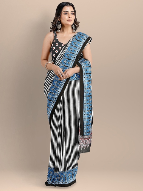 

BharatSthali Women Black & White Pure Cotton Printed Handloom Saree