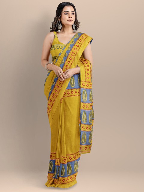 

BharatSthali Mustard & Blue Pure Cotton Printed Handloom Saree