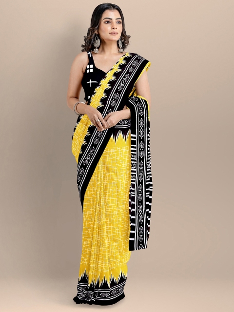 

BharatSthali Women Yellow & Black Pure Cotton Printed Handloom Saree