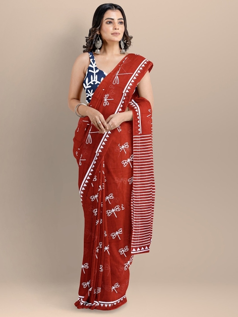 

BharatSthali Women Red & White Pure Cotton Printed Handloom Saree