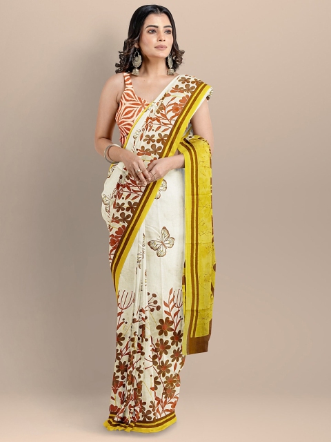 

BharatSthali Women White & Yellow Pure Cotton Printed Handloom Saree