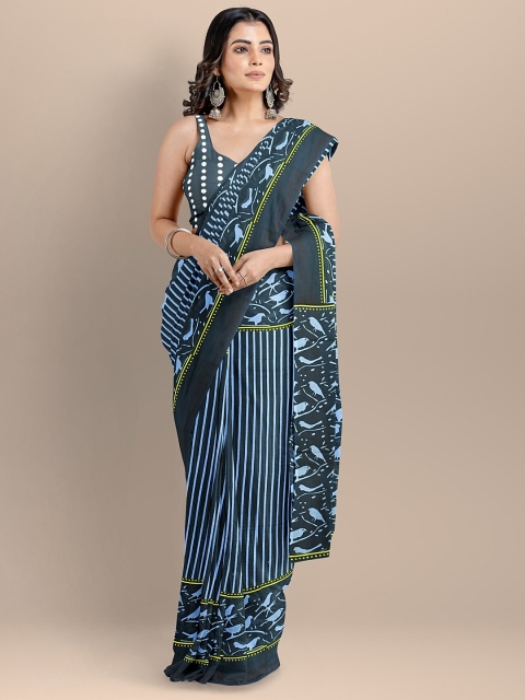 

BharatSthali Women Blue Pure Cotton Printed Handloom Saree