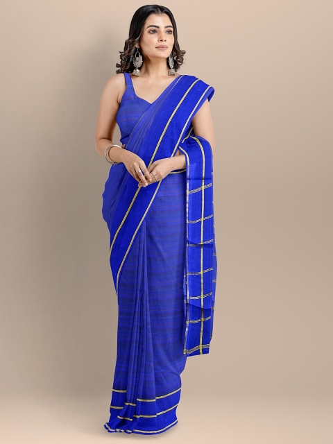 

BharatSthali Women Blue Silk Cotton Striped Handloom Saree