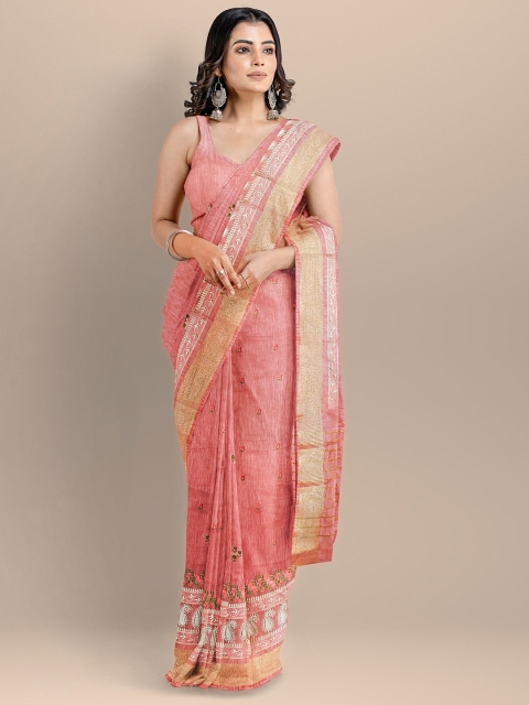 

BharatSthali Women Pink & Gold-Toned Embroidered Woven Designed Handloom Saree