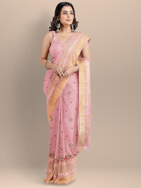 

BharatSthali Women Pink & Gold-Toned Embroidered Woven Designed Handloom Saree