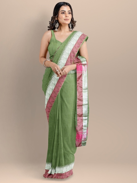 

BharatSthali Women Green & Pink Silk Cotton Solid Maheshwari Handloom Saree