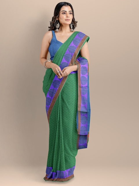 

BharatSthali Women Green & Blue Silk Cotton Woven Designed Handloom Saree