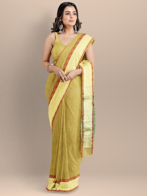 

BharatSthali Women Yellow & Green Woven Designed Silk Cotton Mangalagiri Handloom Saree
