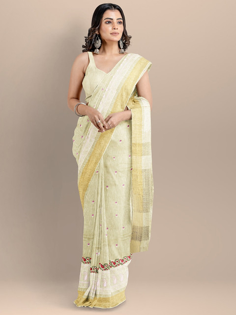 

BharatSthali Women Cream-Coloured & Gold-Toned Embroidered Woven Designed Handloom Saree