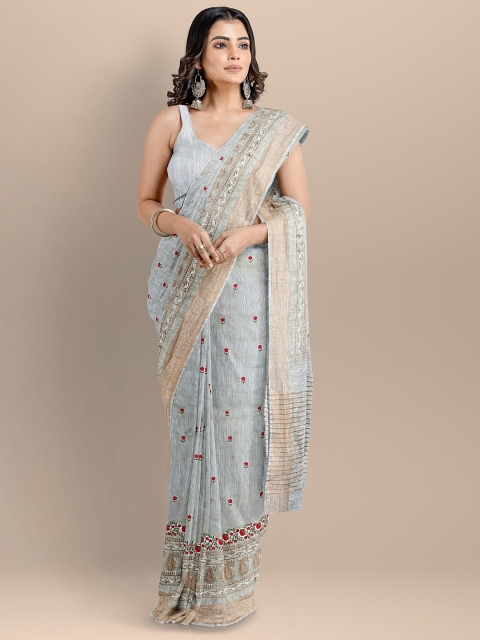 

BharatSthali Women Blue & Gold-Toned Embroidered Woven Designed Handloom Saree, Grey