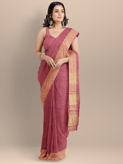 

BharatSthali Women Maroon & Gold-Toned Silk Cotton Solid Mangalagiri Handloom Saree