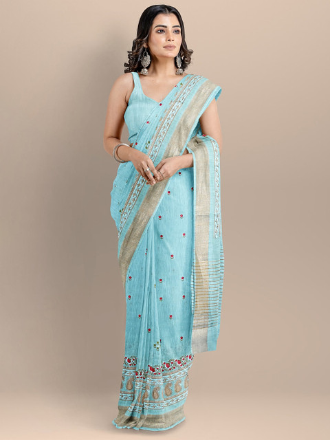 

BharatSthali Women Blue & Gold-Toned Embroidered Woven Designed Handloom Saree