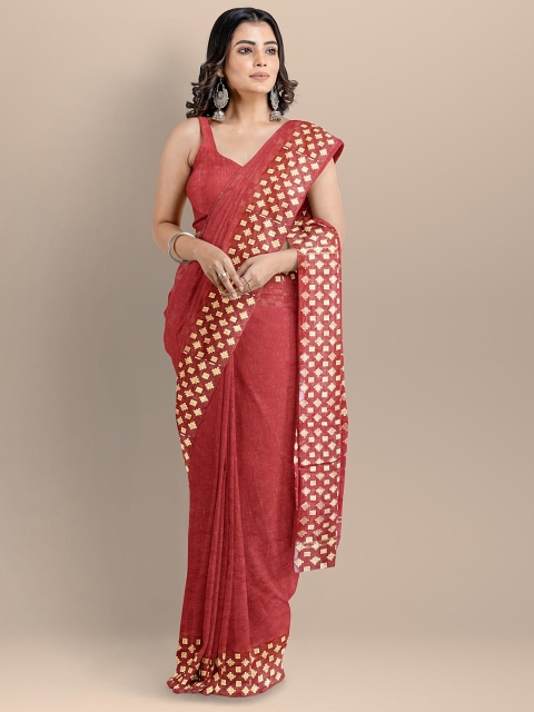 

BharatSthali Women Red & Gold Toned Linen Silk Woven Designed Handloom Saree