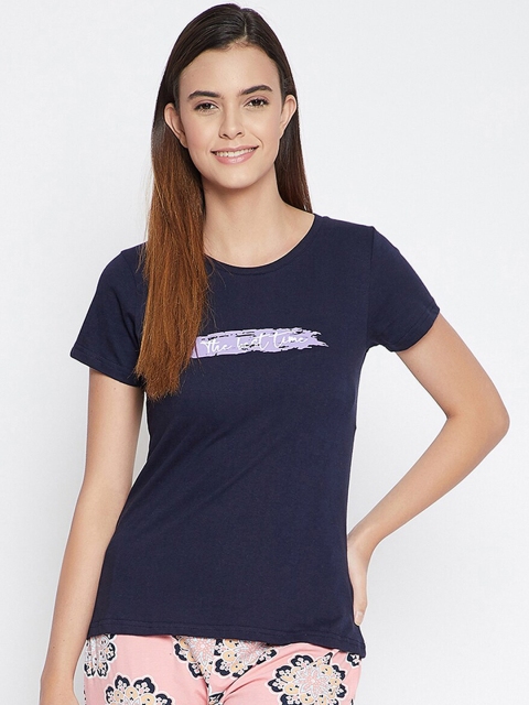

Clovia Women Navy Blue & Purple Printed Cotton Lounge T-shirt
