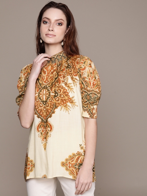 

aarke Ritu Kumar Off White Turtle Neck Laid Out Printed Blouson Top