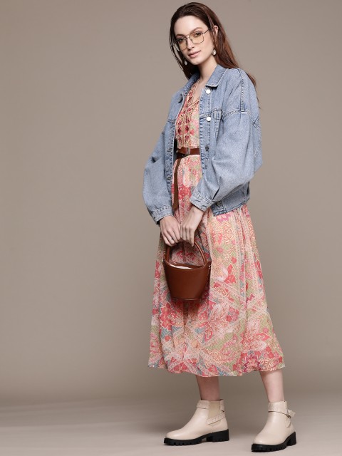 

aarke Ritu Kumar Pink Floral Printed Chiffon Midi Dress