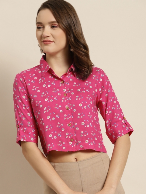 

Juniper Women Pink Floral Print Boxy Crop Shirt