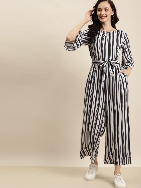 

Juniper Navy Blue & White Liva Striped Basic Jumpsuit with Waist Tie-Up