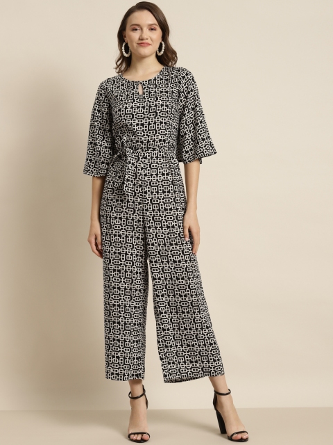 

Juniper Black & Off White Liva Printed Basic Jumpsuit with Belt