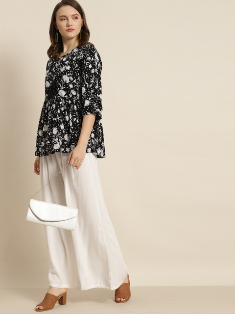 

Juniper Black & Off White Liva Floral Print A-Line Tunic