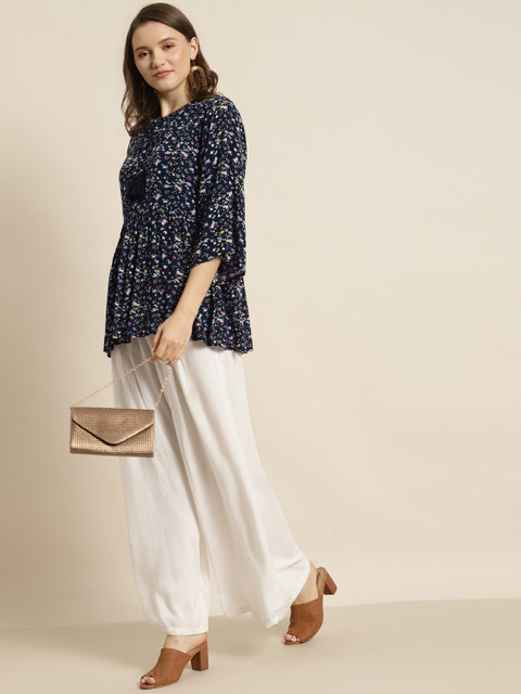 

Juniper Navy Blue & Pink Liva Floral Print A-Line Tunic