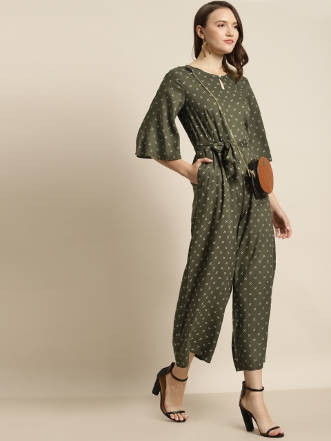 

Juniper Olive Green & Off White Liva Printed Basic Jumpsuit with Belt