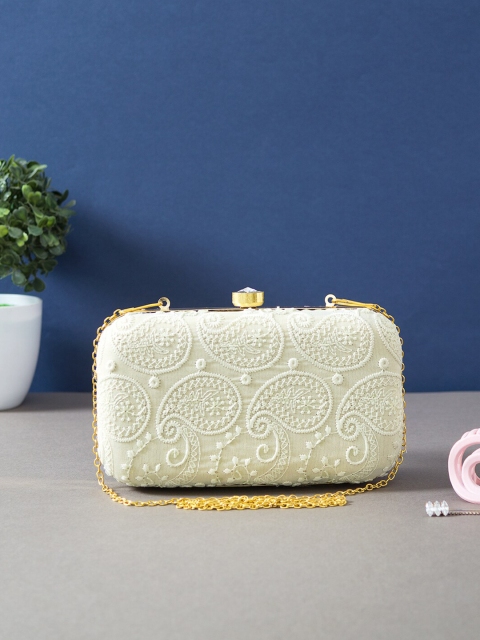 

Golden Peacock Cream-Coloured & Gold-Toned Embroidered Box Clutch