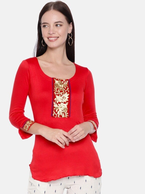 

Ira Soleil Women Red & Gold-Toned Embroidered Kurti