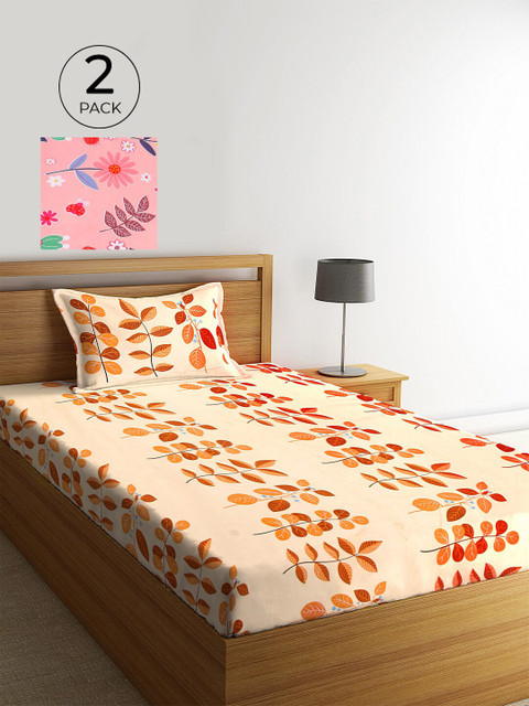 

KLOTTHE Set Of 2 Multicoloured Floral 210 TC Single Bedsheet With 2 Pillow Covers, Multi