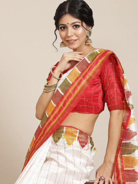 

Mitera Cream-Coloured & Orange Silk Blend Saree