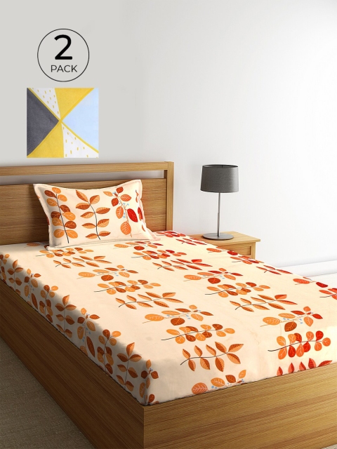

KLOTTHE Yellow & Orange Set Of 2 Floral 210 TC Single Bedsheet with 2 Pillow Covers