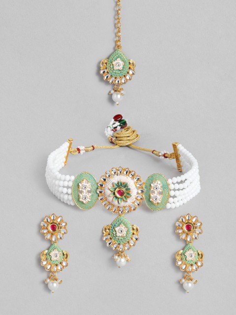 

AccessHer White & Mint Green Gold-Plated Kundan-Studded & Beaded Jewellery Set