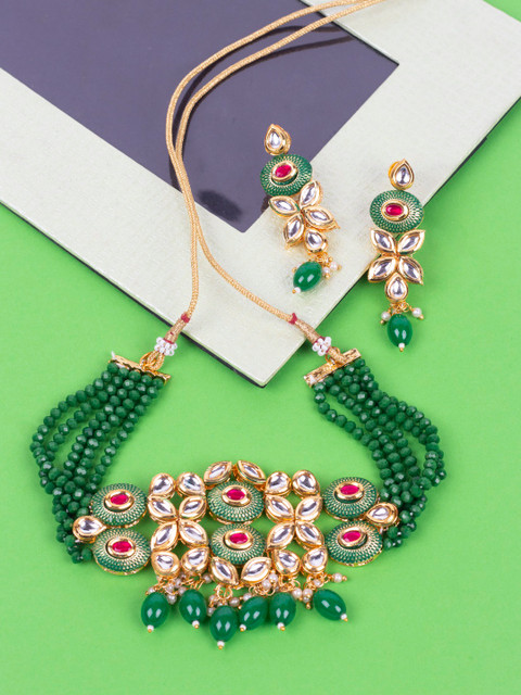 

AccessHer Green & Pink Gold-Plated Kundan-Studded & Beaded Jewellery Set