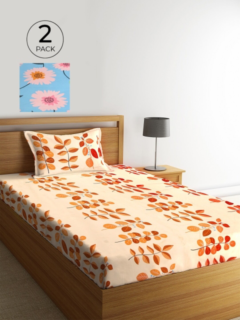 

KLOTTHE Set of 2 Beige & Blue Floral 210 TC 2 Single Bedsheet with 2 Pillow Covers