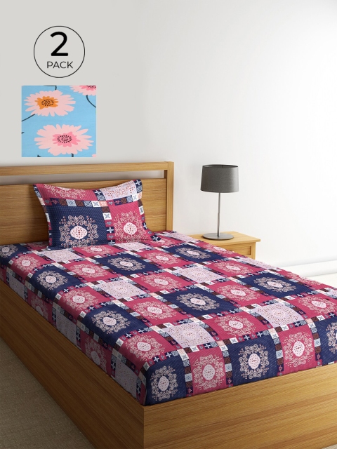 

KLOTTHE Set Of 2 Navy Blue & Turquoise Blue 210 TC 2 Single Bedsheet with 2 Pillow Covers