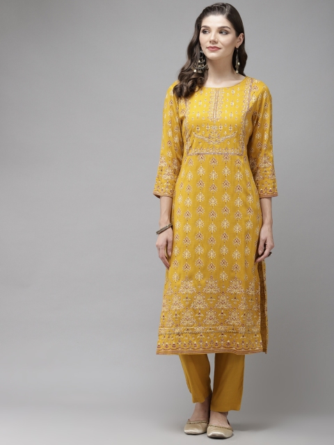 

Anubhutee Women Mustard Yellow & Maroon Printed Kurta with Trousers