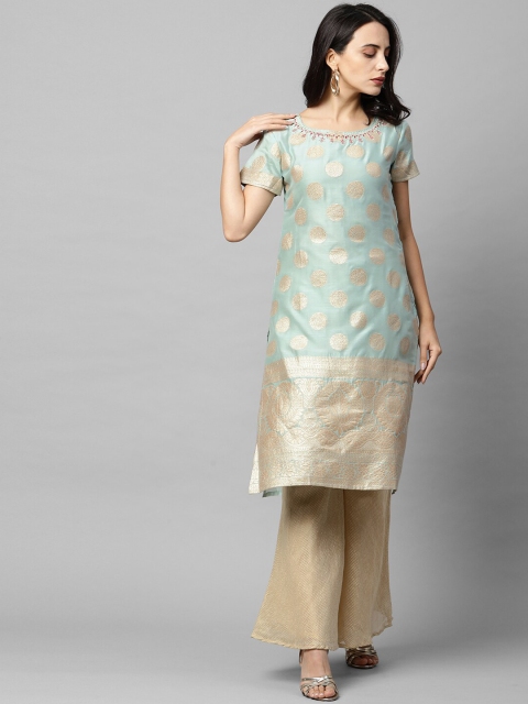 

FASHOR Women Green & Gold-Toned Floral Chanderi Silk Chanderi Silk Kurta