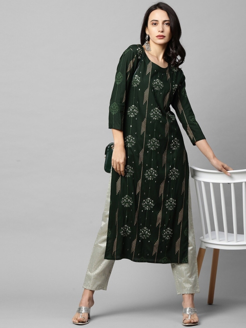 

FASHOR Women Green & Off White Floral Printed Thread Work Kurta