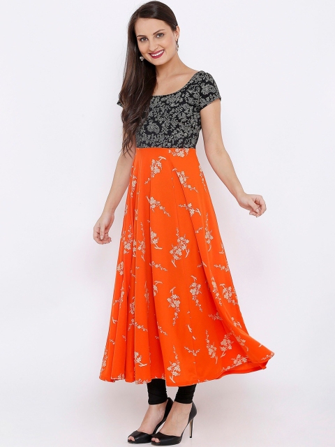 

Ira Soleil Women Orange & Black Ethnic Motifs Colourblocked Anarkali Kurta