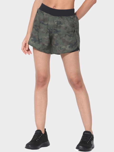 

Silvertraq Women Green & Black Camouflage Printed Rapid Dry Sports Shorts