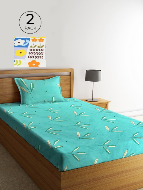 

KLOTTHE Set Of 2 Turquoise Blue & White 210 TC 2 Single Bedsheet with 2 Pillow Covers